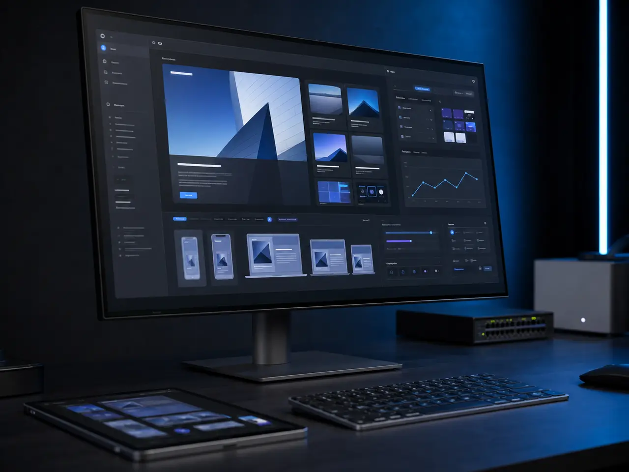 Moderne werkplek voor webdesign, responsive interfaces en performance